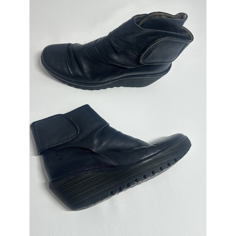 RARE Fly London Navy Blue YEGI Bootie Wedge Ankle Boot EU 41 Made in Portugal